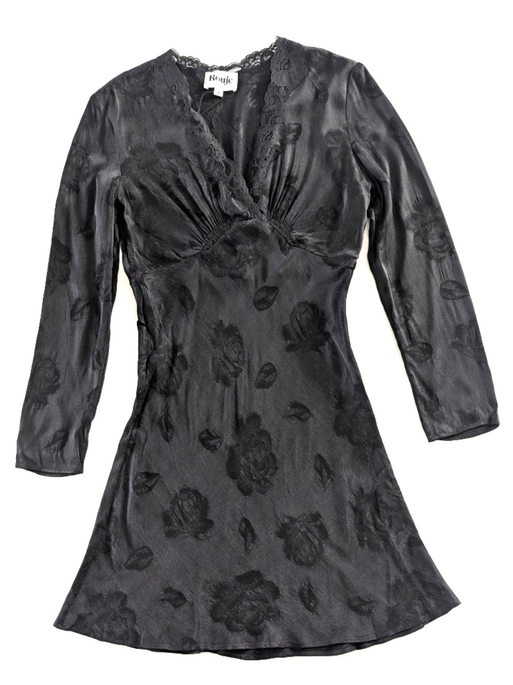 Rouje Paris Minetta Jacquard Mini Dress Black FR 34 Long Sleeve Lace V-Neck